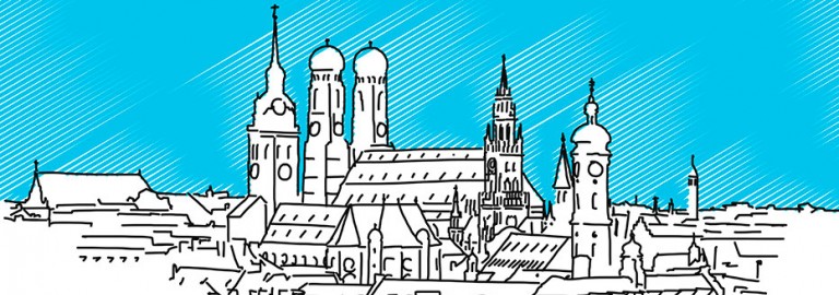 Skyline von München mit dem Alten Peter, der Frauenkirche und dem Rathaus